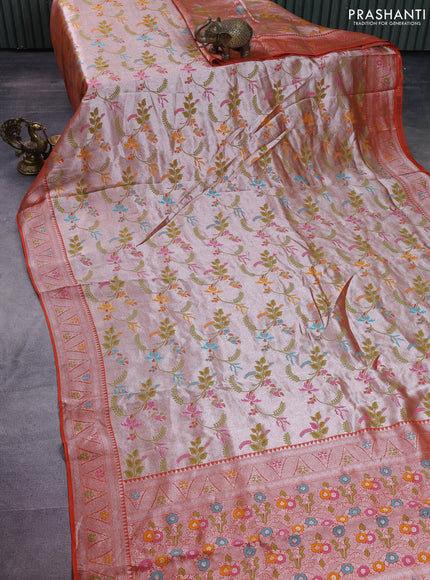 Banarasi semi raw silk saree orange with allover silver zari woven paithani weaves and silver zari woven border