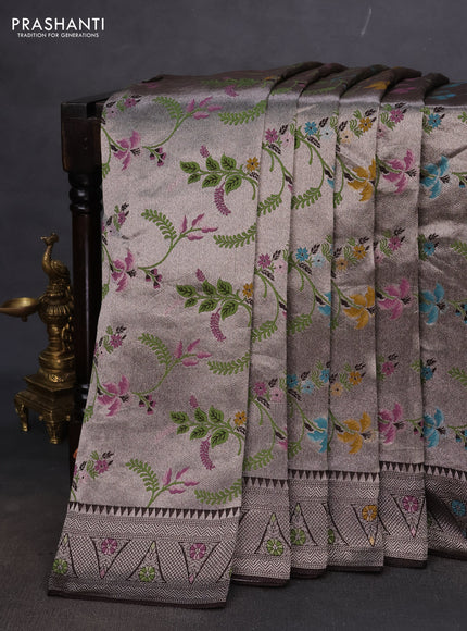 Banarasi semi raw silk saree coffee brown with allover silver zari woven paithani weaves and silver zari woven border