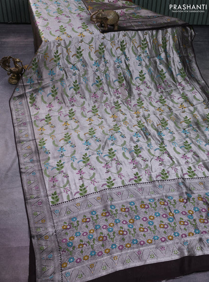 Banarasi semi raw silk saree coffee brown with allover silver zari woven paithani weaves and silver zari woven border