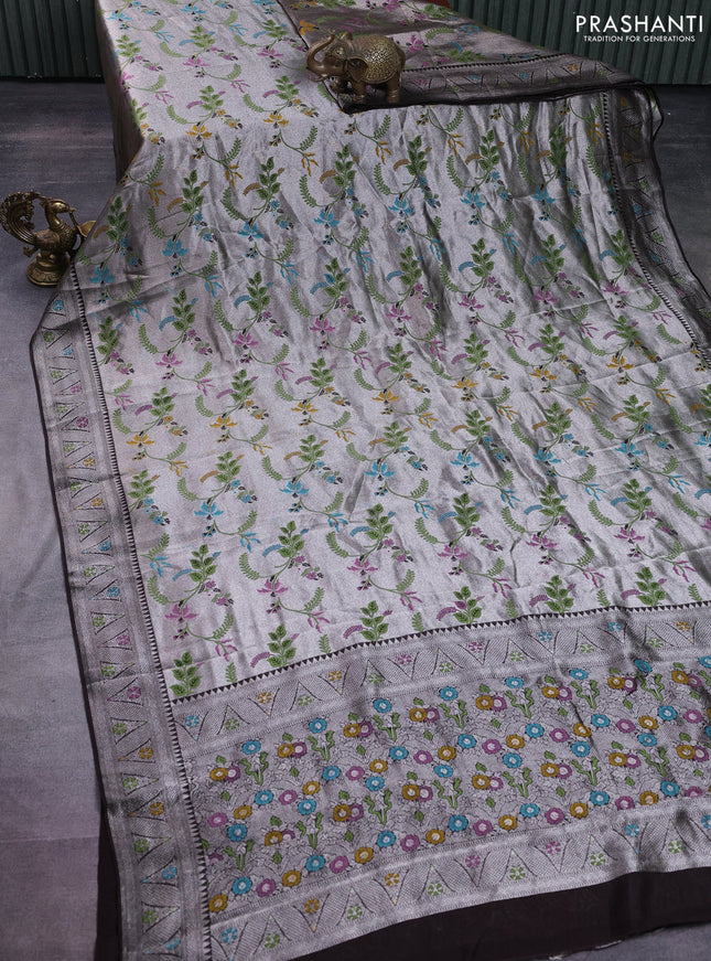 Banarasi semi raw silk saree coffee brown with allover silver zari woven paithani weaves and silver zari woven border