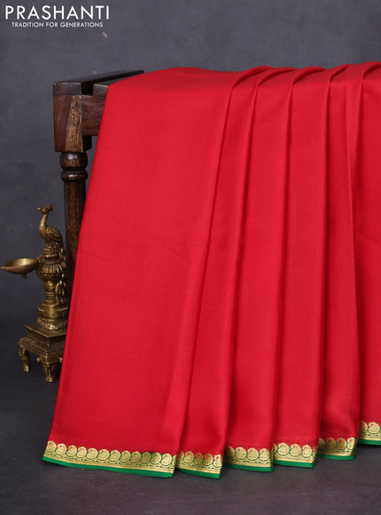 Pure mysore silk saree red and green with plain body and zari woven border