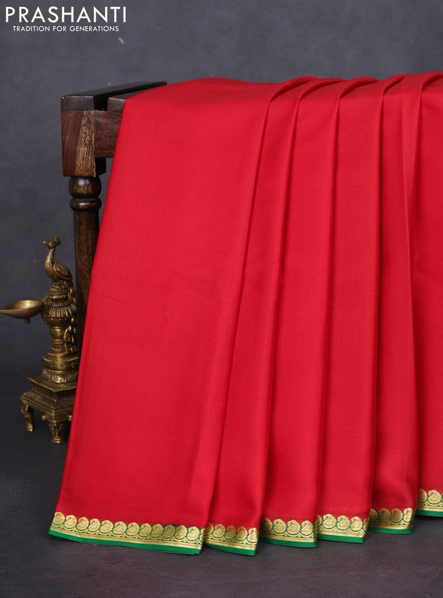 Pure mysore silk saree red and green with plain body and zari woven border