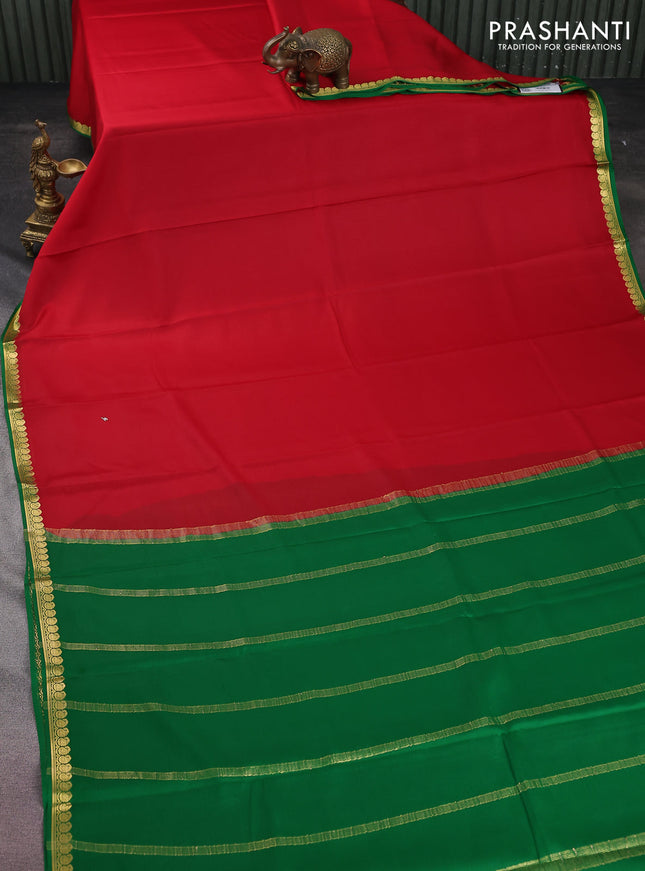 Pure mysore silk saree red and green with plain body and zari woven border