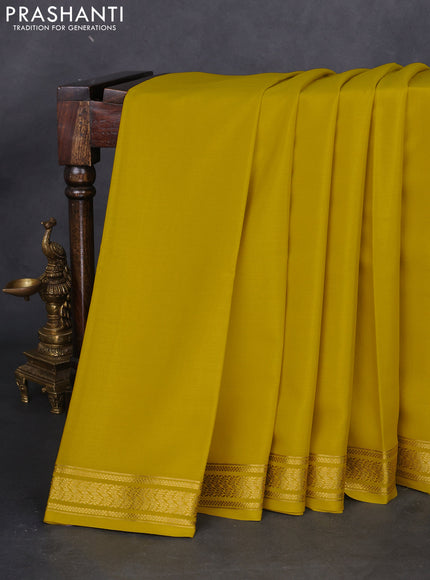 Pure mysore silk saree lime yellow with plain body and zari woven border