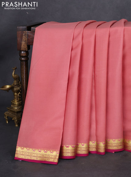 Pure mysore silk saree pastel peach and pink with plain body and zari woven border