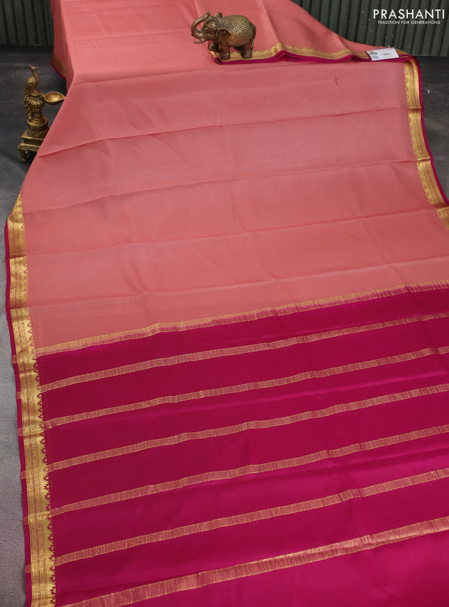 Pure mysore silk saree pastel peach and pink with plain body and zari woven border