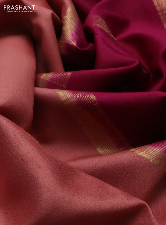 Pure mysore silk saree pastel peach and pink with plain body and zari woven border