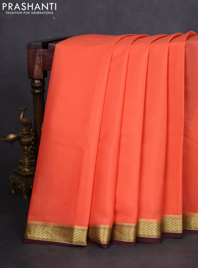Pure mysore silk saree orange and brown with plain body and zari woven border