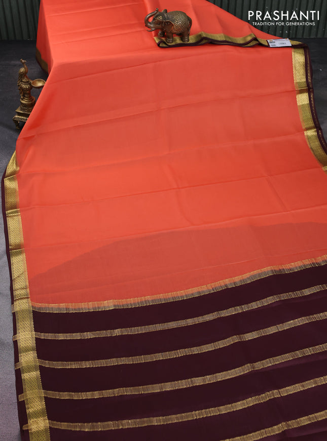 Pure mysore silk saree orange and brown with plain body and zari woven border