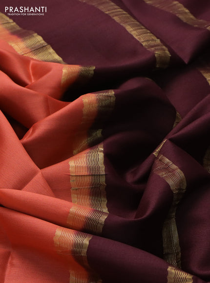 Pure mysore silk saree orange and brown with plain body and zari woven border