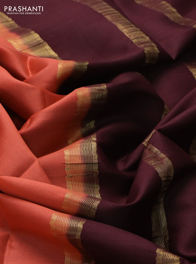 Pure mysore silk saree orange and brown with plain body and zari woven border