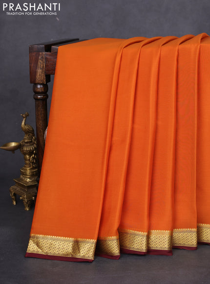 Pure mysore silk saree orange and deep maroon with plain body and zari woven border