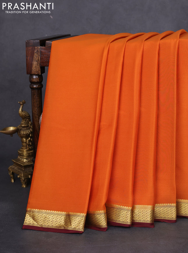 Pure mysore silk saree orange and deep maroon with plain body and zari woven border