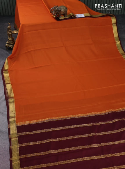 Pure mysore silk saree orange and deep maroon with plain body and zari woven border