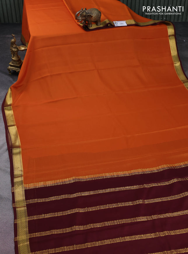 Pure mysore silk saree orange and deep maroon with plain body and zari woven border