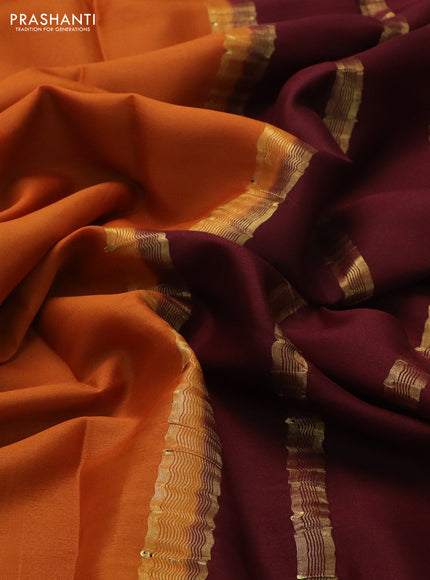 Pure mysore silk saree orange and deep maroon with plain body and zari woven border