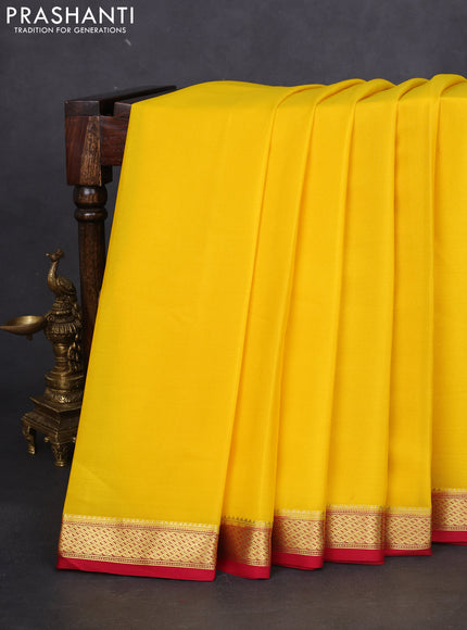 Pure mysore silk saree yellow and red with plain body and zari woven border