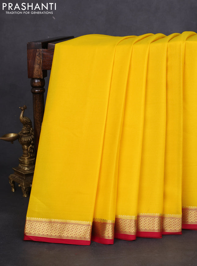 Pure mysore silk saree yellow and red with plain body and zari woven border