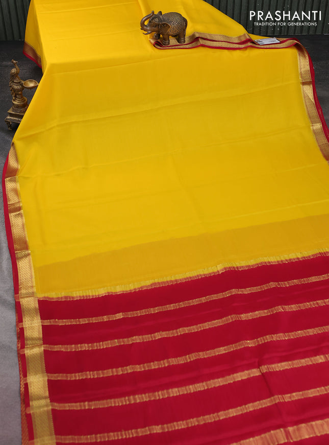 Pure mysore silk saree yellow and red with plain body and zari woven border