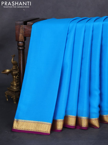 Pure mysore silk saree cs blue and purple with plain body and zari woven border