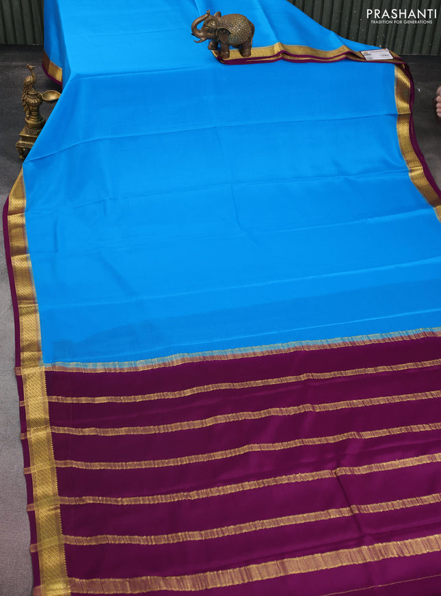 Pure mysore silk saree cs blue and purple with plain body and zari woven border