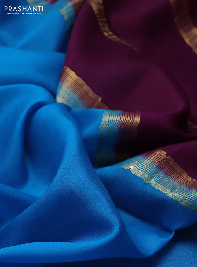 Pure mysore silk saree cs blue and purple with plain body and zari woven border