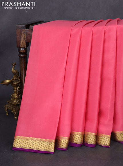 Pure mysore silk saree peach pink and purple with plain body and zari woven border