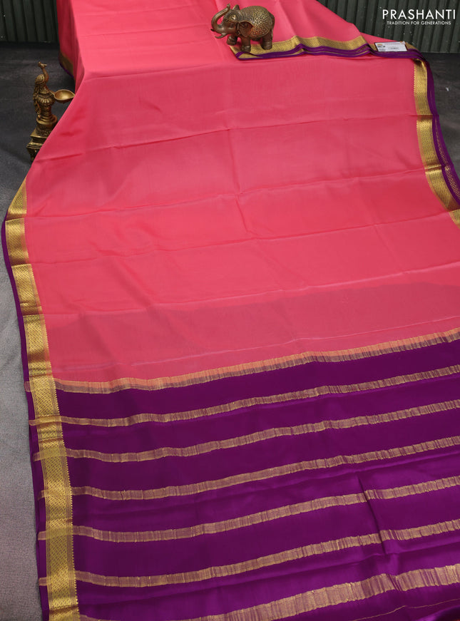 Pure mysore silk saree peach pink and purple with plain body and zari woven border