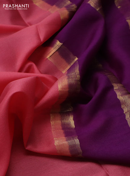 Pure mysore silk saree peach pink and purple with plain body and zari woven border
