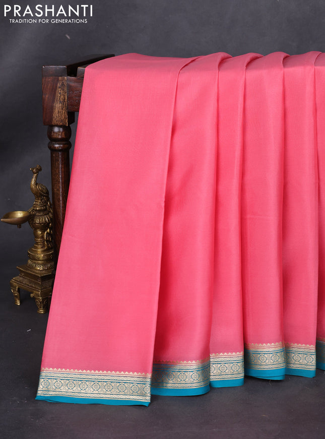 Pure mysore silk saree peach pink and teal blue with plain body and zari woven border