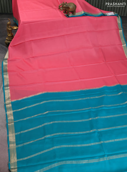 Pure mysore silk saree peach pink and teal blue with plain body and zari woven border