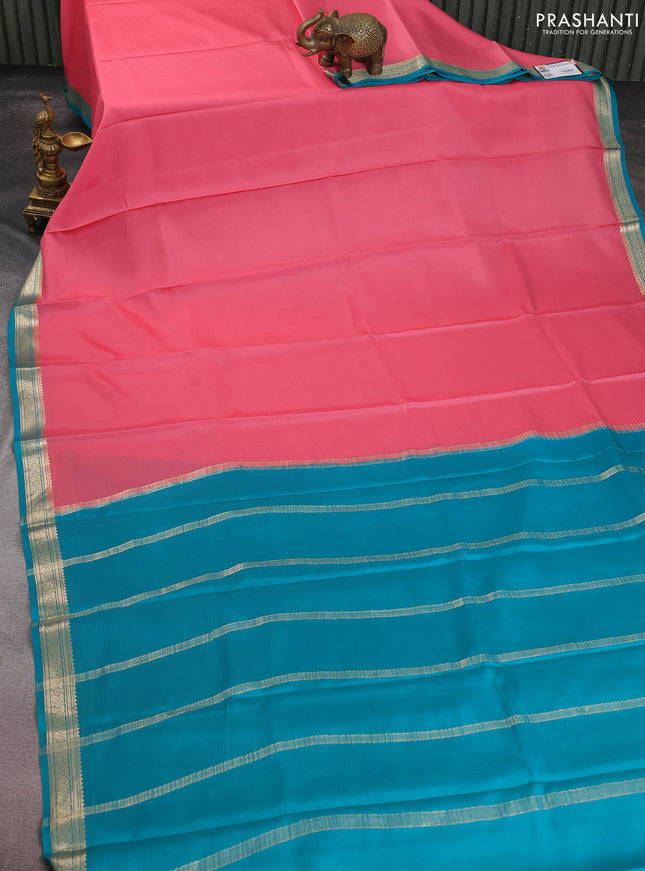 Pure mysore silk saree peach pink and teal blue with plain body and zari woven border