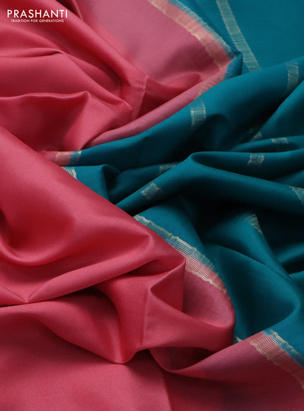 Pure mysore silk saree peach pink and teal blue with plain body and zari woven border