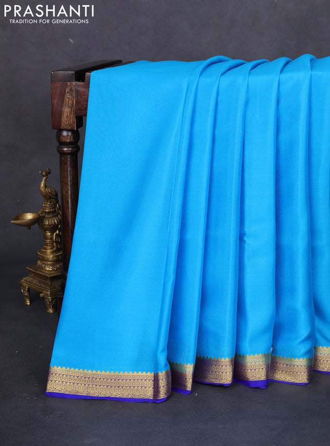 Pure mysore silk saree light blue and blue with plain body and zari woven border