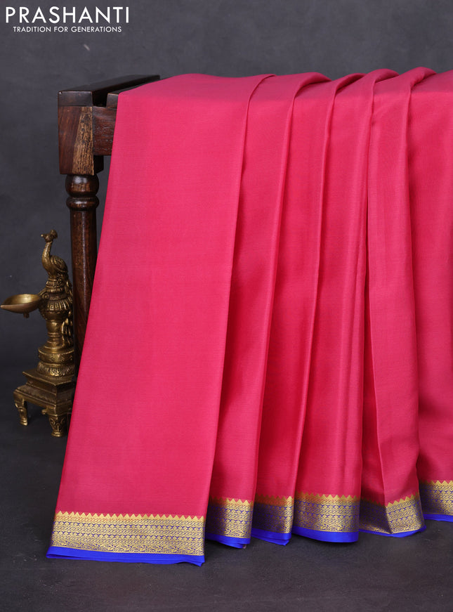 Pure mysore silk saree pink and blue with plain body and zari woven border