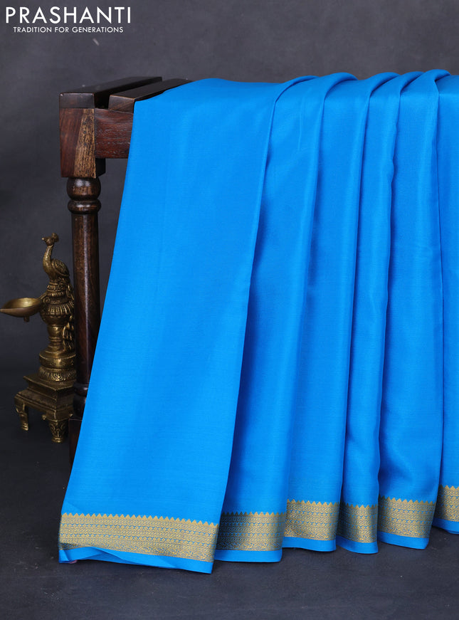 Pure mysore silk saree cs blue with plain body and zari woven border