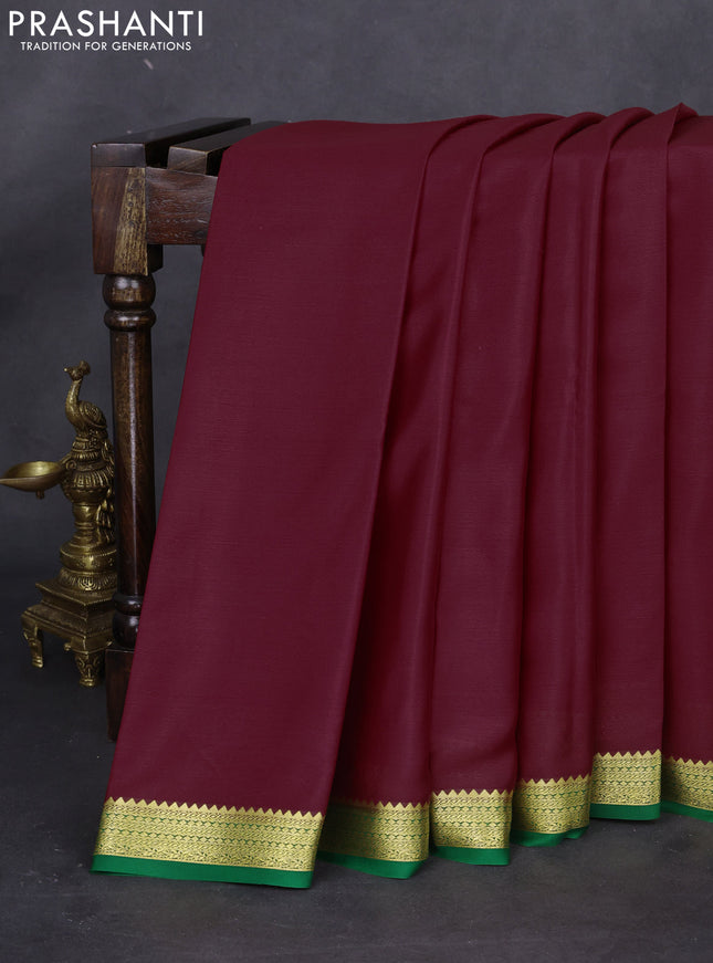 Pure mysore silk saree maroon and green with plain body and zari woven border