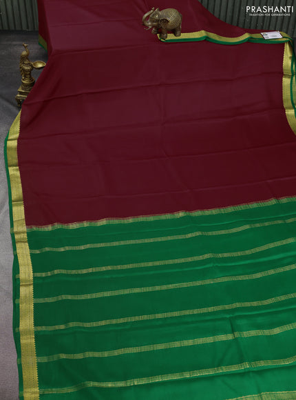 Pure mysore silk saree maroon and green with plain body and zari woven border