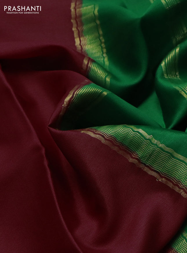 Pure mysore silk saree maroon and green with plain body and zari woven border
