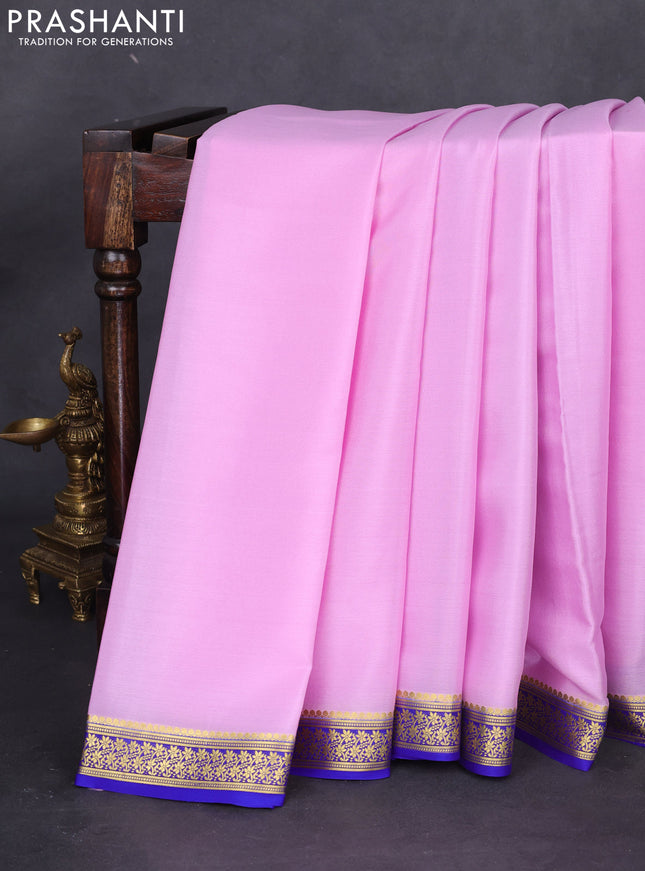 Pure mysore silk saree lotus pink and blue with plain body and zari woven border