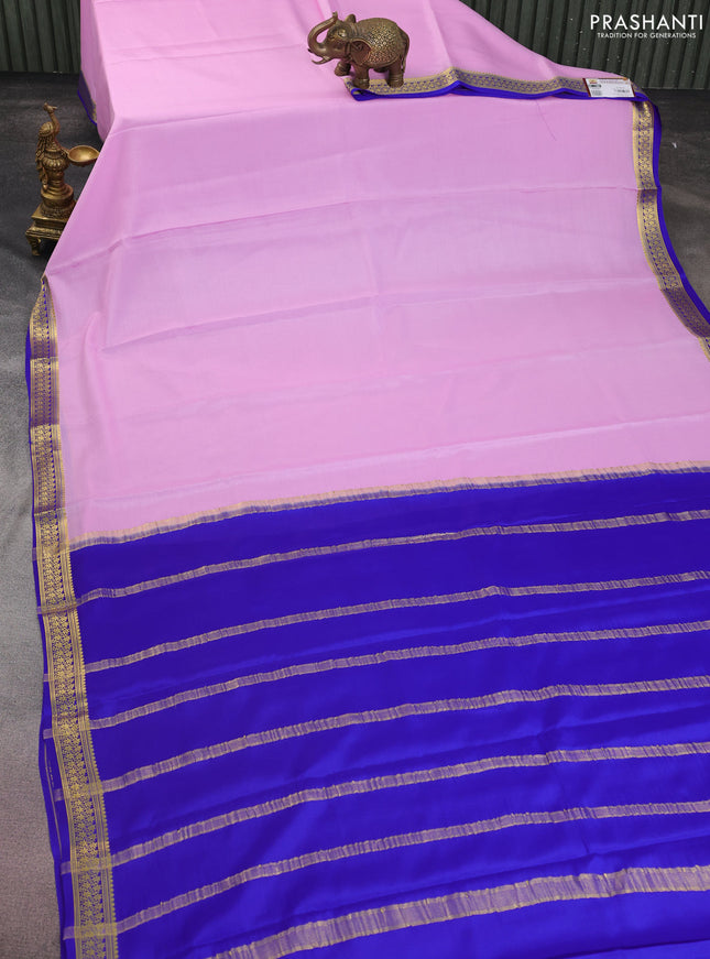 Pure mysore silk saree lotus pink and blue with plain body and zari woven border