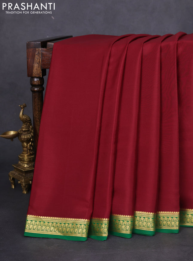 Pure mysore silk saree maroon and green with plain body and zari woven border