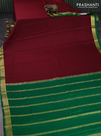 Pure mysore silk saree maroon and green with plain body and zari woven border