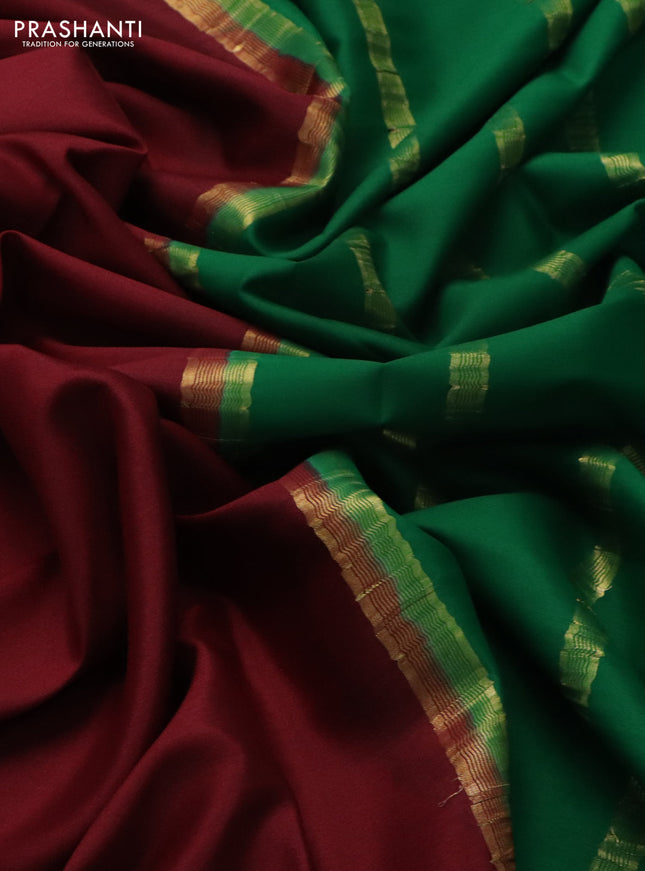 Pure mysore silk saree maroon and green with plain body and zari woven border
