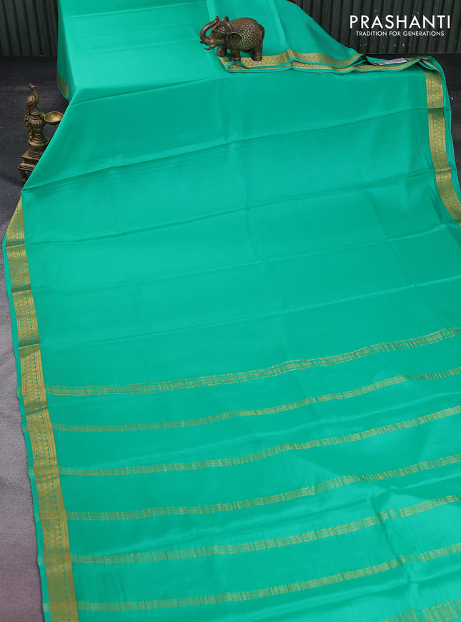 Pure mysore silk saree teal green with plain body and zari woven border