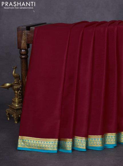 Pure mysore silk saree red and teal blue with plain body and zari woven border