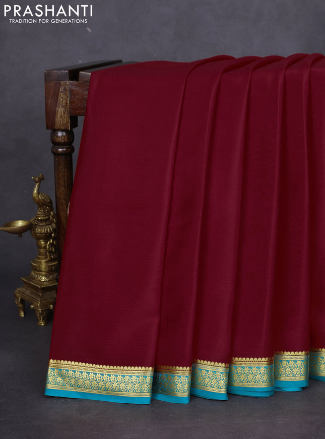 Pure mysore silk saree red and teal blue with plain body and zari woven border
