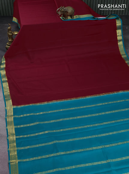 Pure mysore silk saree red and teal blue with plain body and zari woven border