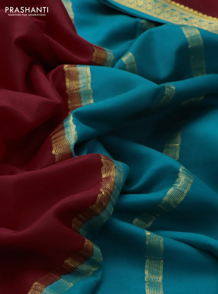 Pure mysore silk saree red and teal blue with plain body and zari woven border