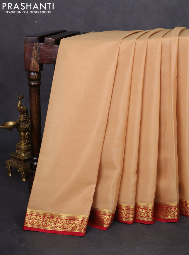 Pure mysore silk saree sandal and red with plain body and zari woven border